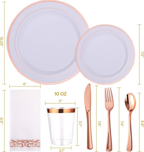 350pcs Rose Gold Dinnerware Set for 50 Guests Plastic Plates Disposable Wedding - Picture 2 of 6
