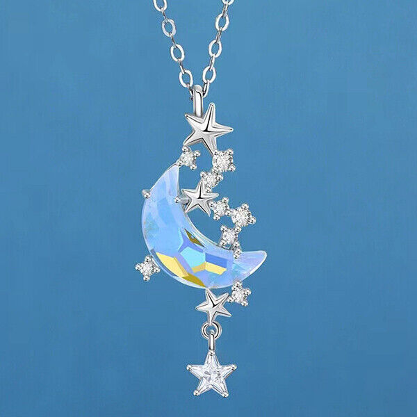 Long 925 Silver Star Multicolor Moon Pendant Chain Necklace Women Jewelry 20" In