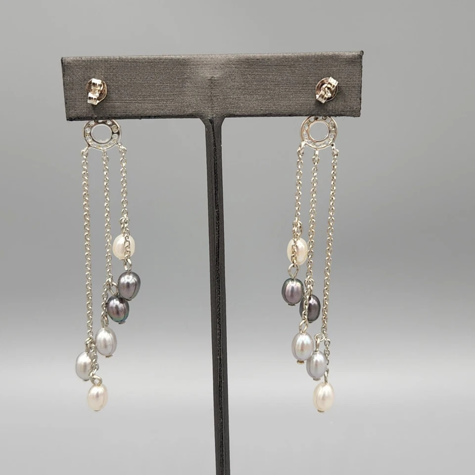 Sterling Silver Gray Cream FW Pearl Crystal Chain Drop Fringe Post Earrings 7.3g - Image 4 of 4