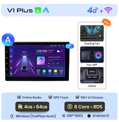 JUNSUN TS874G UK Autoradio universel 4G+64G V1 PLUS GPS Carplay Android auto