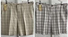 Haggar Mens Shorts 42 Gray Beige Cool 18 Check Plaid Performance Comfort NWT