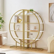Round Bookcase with 4 Tiers Shelves with Gold Metal Frame 2-pcs Half Moon Shelf