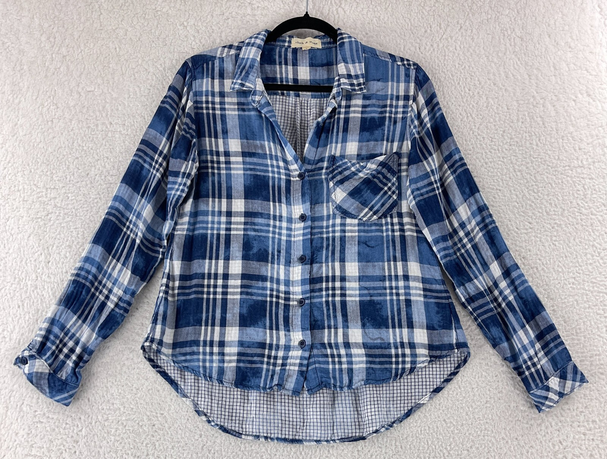 Cloth & Stone Shirt Womens Small Blue Plaid Popover V Neck Long Sleeve Blouse