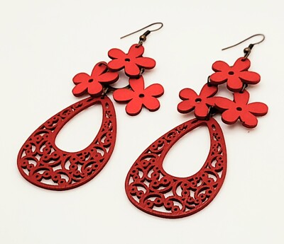 E001 Retro Carved Wooden Wood RED Teardrop & flower Dangle fashion Earrings