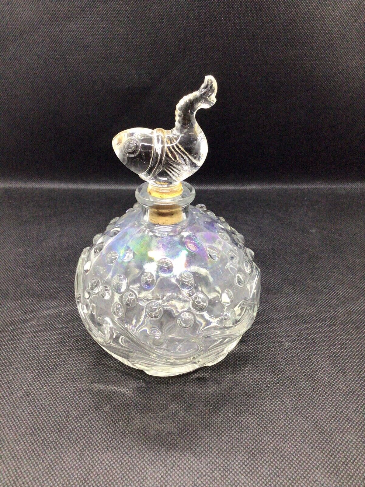 Vintage Art Deco Bottle With Fish Stopper. Has Some Iridescents