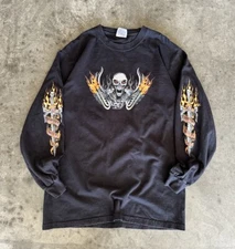 Y2K Skull Flames Long Sleeve Shirt Biker flames Skate Choppers size medium