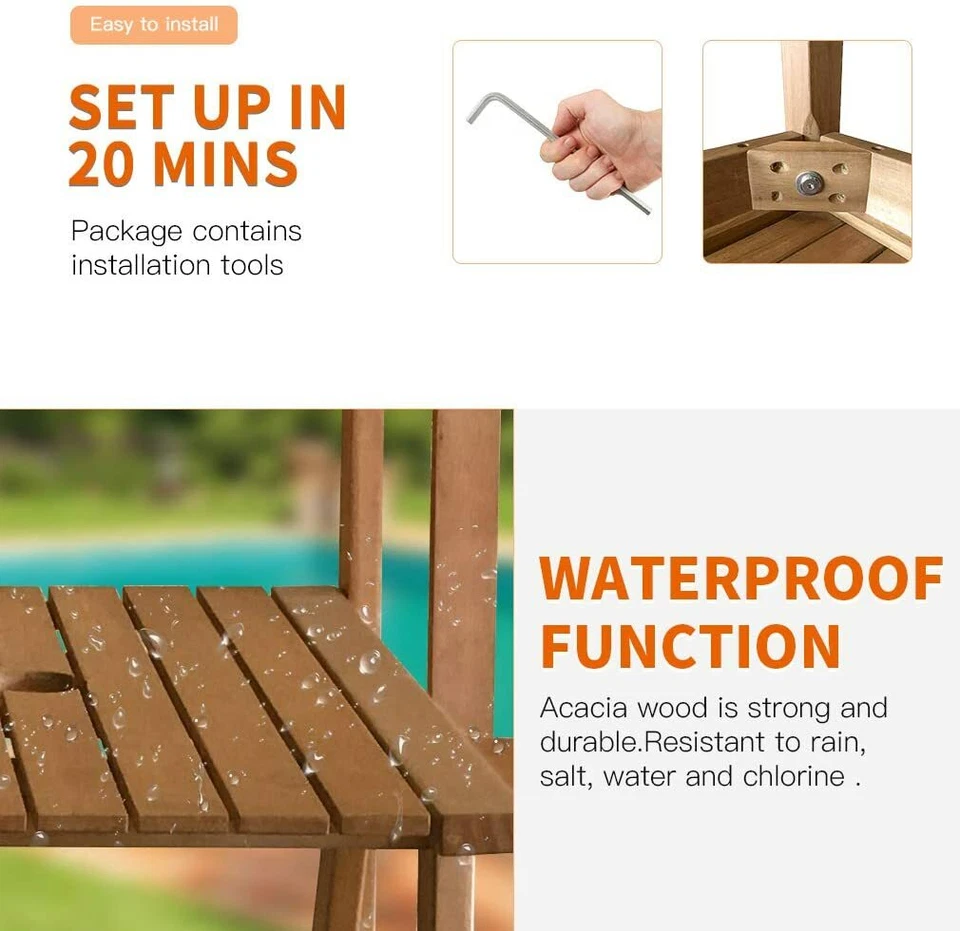 Outdoor Patio Bench Wood Garden Bench Park Bench Acacia Wood with Table for Pool - Image 3 of 4