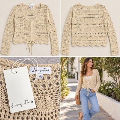   NWT Emory Park Cream Crochet Tie-Front Cropped Cardigan Size M