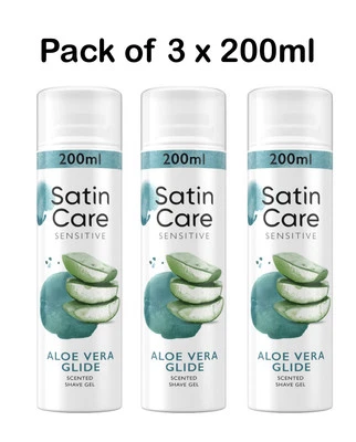 3 X 200ml Gillette Venus Satin Care Shave Gel With Aloe Vera For Sensitive Skin