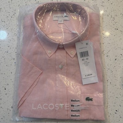Lacoste Men's Short Sleeve Regular Fit Linen Casual Button Shirt Flamingo M