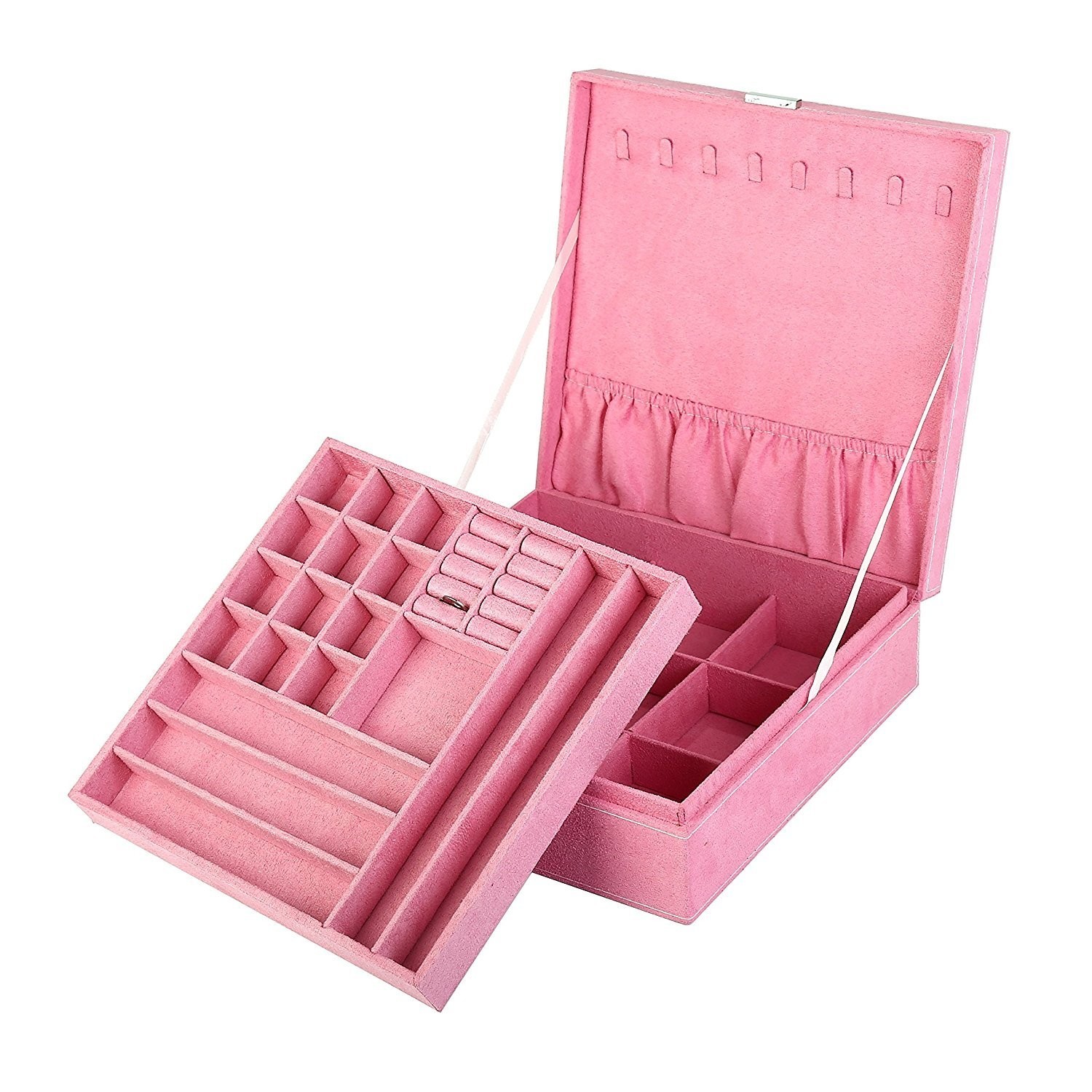 Pink Two-Layer Lockable Jewelry Box Organizer with Display Storage