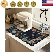 Scalloped Bohemian Coffee Bar Mat Dish Drying Mats for Kitchen Counter, Kitch...