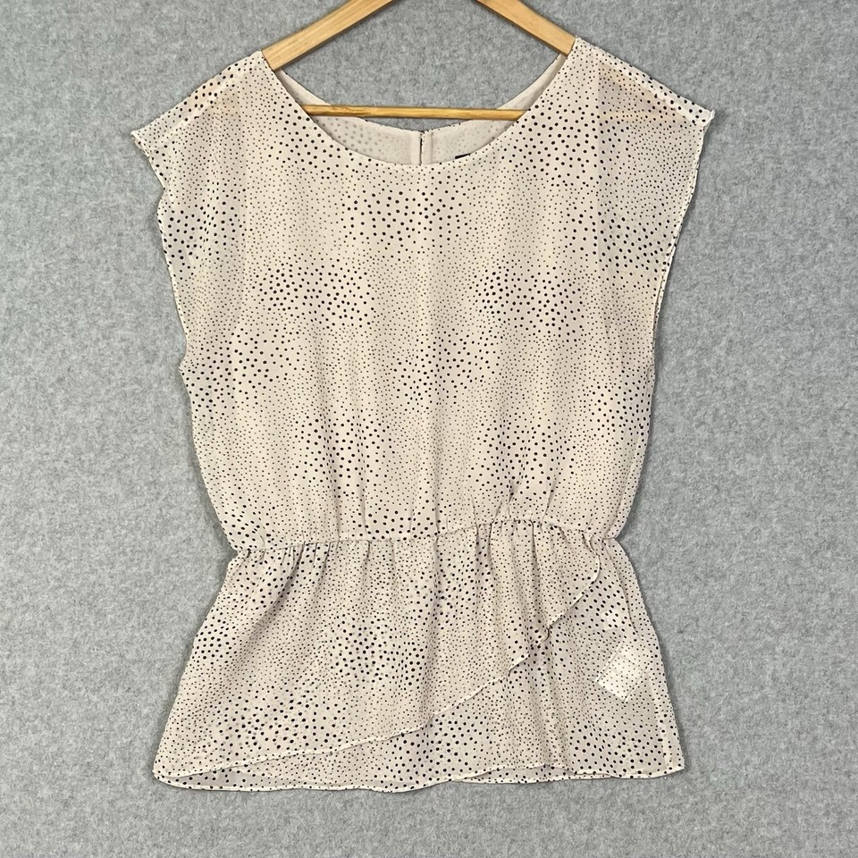 Portmans Top Womens 10 S Beige Polka Dot Peplum Lightweight Sheer Ruffle Office