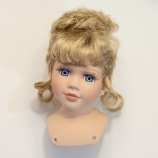 Porcelain Doll Head For 17  Dolls Blonde Bun Twist Blue Eyes Earrings Vintage