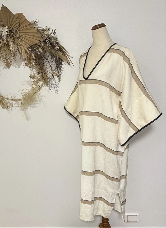 Bassike Linen Leather Contrast Kaftan Midi Dress Striped Pattern Casual Sz M L - image 4 of 4