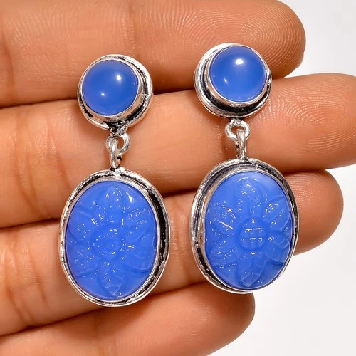 Blue Chalcedony Gemstone Fashion Jewelry 925 Silver Dangle Earrings 1.4" ARE6592