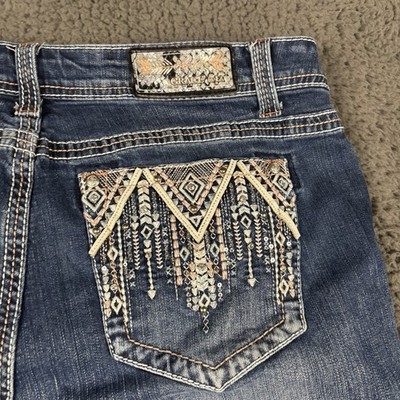 Grace in LA Womens Jeans 34 Bootcut Blue Embroidered Embellished Native 34x33