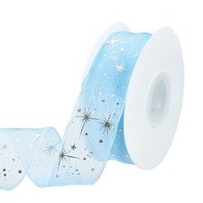 Star Ribbon Silver Stars Print Sheer Ribbon 1-4/7" x 10Yards Light Blue
