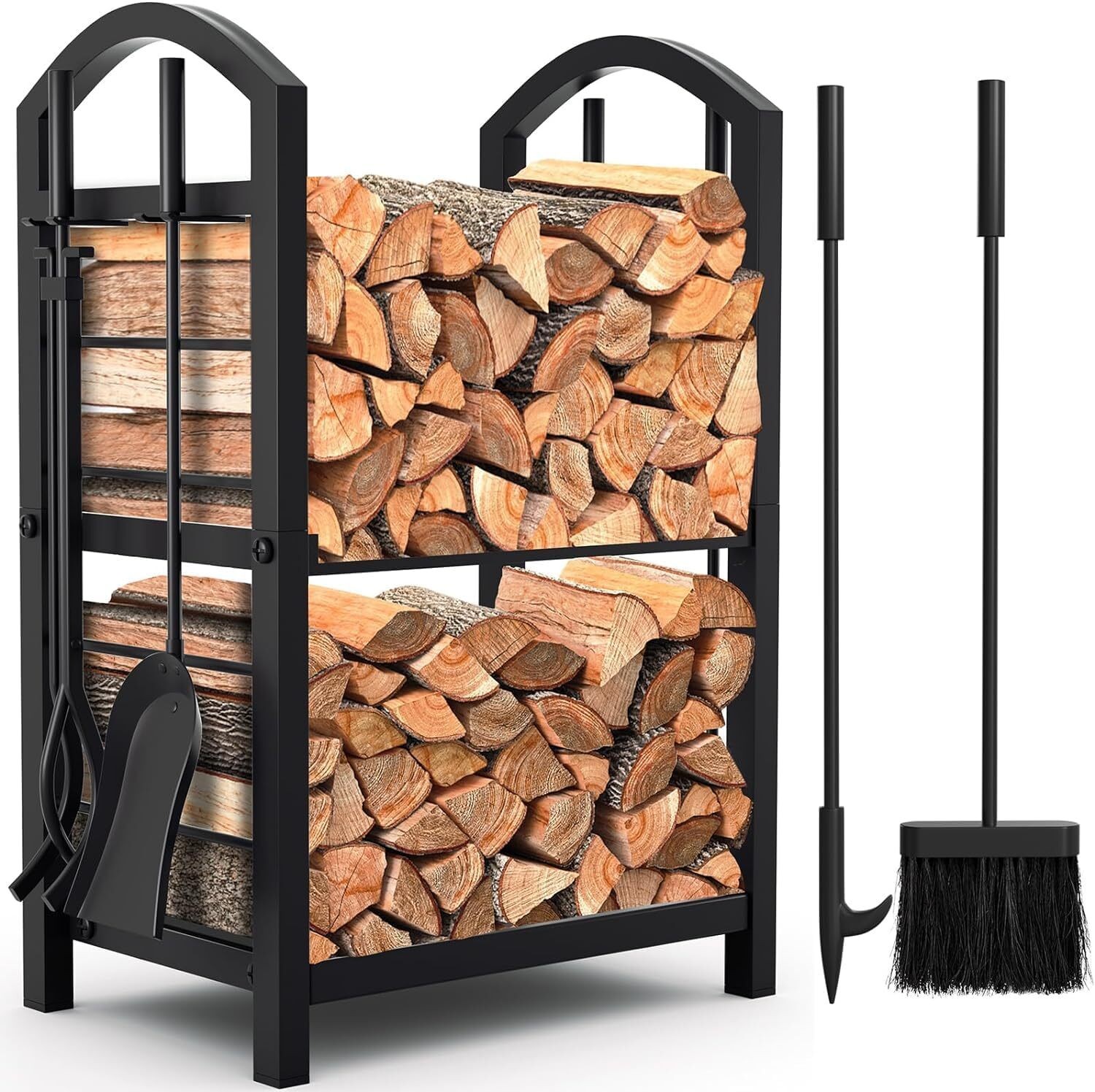 Firewood Rack with Tools 5-Piece Indoor Fireplace Wood Holder Outdoor Log Holder