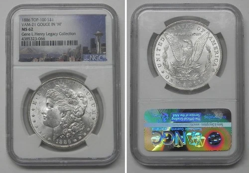 1886 Morgan Dollar, NGC MS62 TOP-100 VAM-21 Gouge in "M"  #3066
