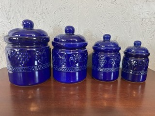 Ceramic Cobalt Blue Kitchen Canisters Embossed Grape And Leaf Set Of 4