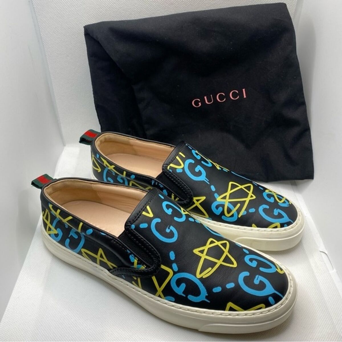 GUCCI Authentic Designer, Ghost Graffiti GG Logo Slip On GUCCI Authentic Designer, Ghost Graffiti GG Logo Slip On