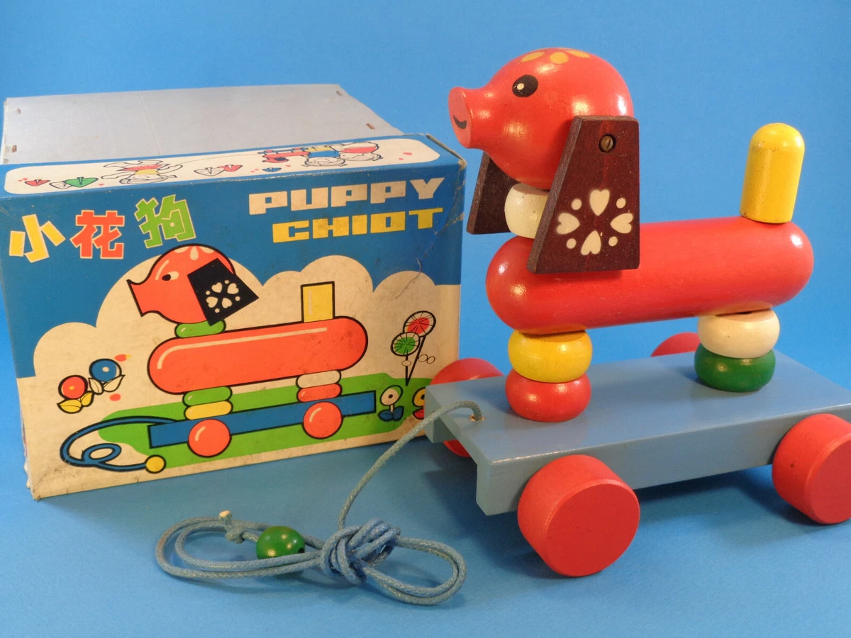VINTAGE WP382 PUPPY CHIOT WOODEN DACHSHUND DOG PULL TOY CHINA NEW OLD STOCK