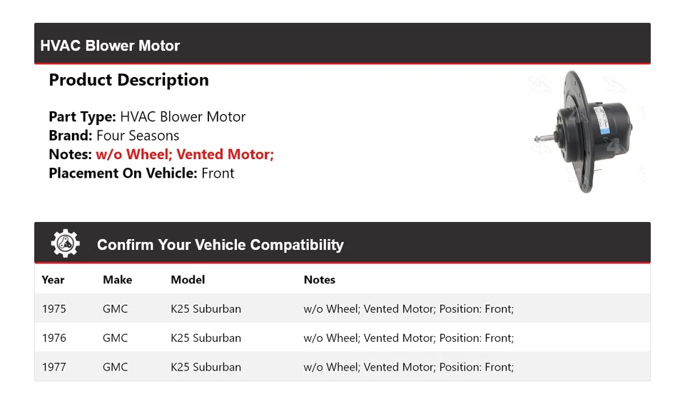 For 1975-1977 GMC K25 Suburban HVAC Blower Motor Front 4 Seasons 1976 - Image 2 of 4