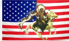 Indian Chief & Horse US Flag 3x5 ft USA United States Native American Headdress
