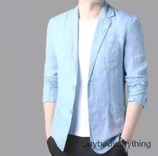 New Men Cotton Linen Suit Jacket Thin Solid Blazer Summer Two Button Casual Coat