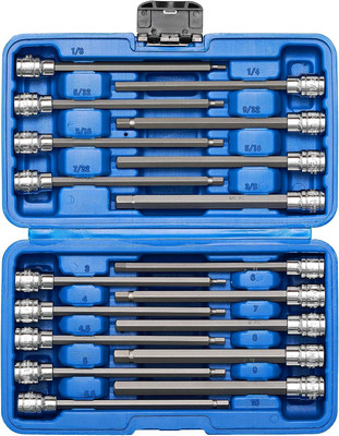 3/8'' Drive Extra Long Allen Hex Bit Socket Set, 1/8'' - 3/8'', 3-10Mm, S2&CR-V, Me