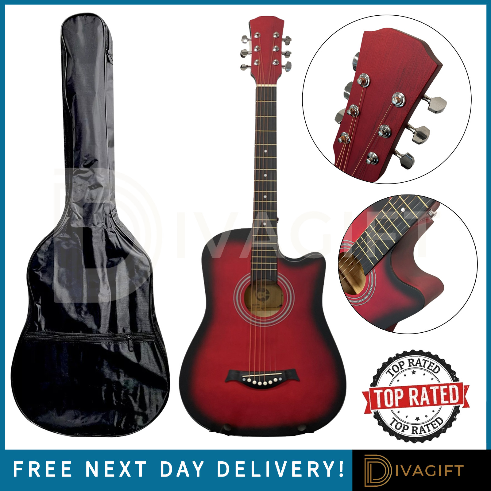 CHITARRA ACUSTICA ROSSA PER ADULTI PRINCIPIANTI CUTAWAY LEGNO DURO CORDE ACCIAIO 38" POLLICI