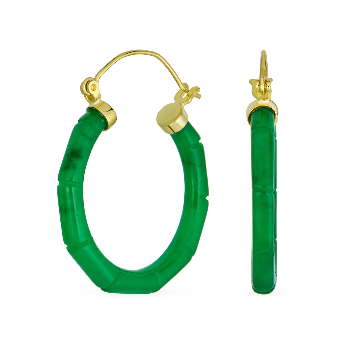 Jade Gemstone Green Jade Bamboo Hoop Earrings Sterling Silver 1.2