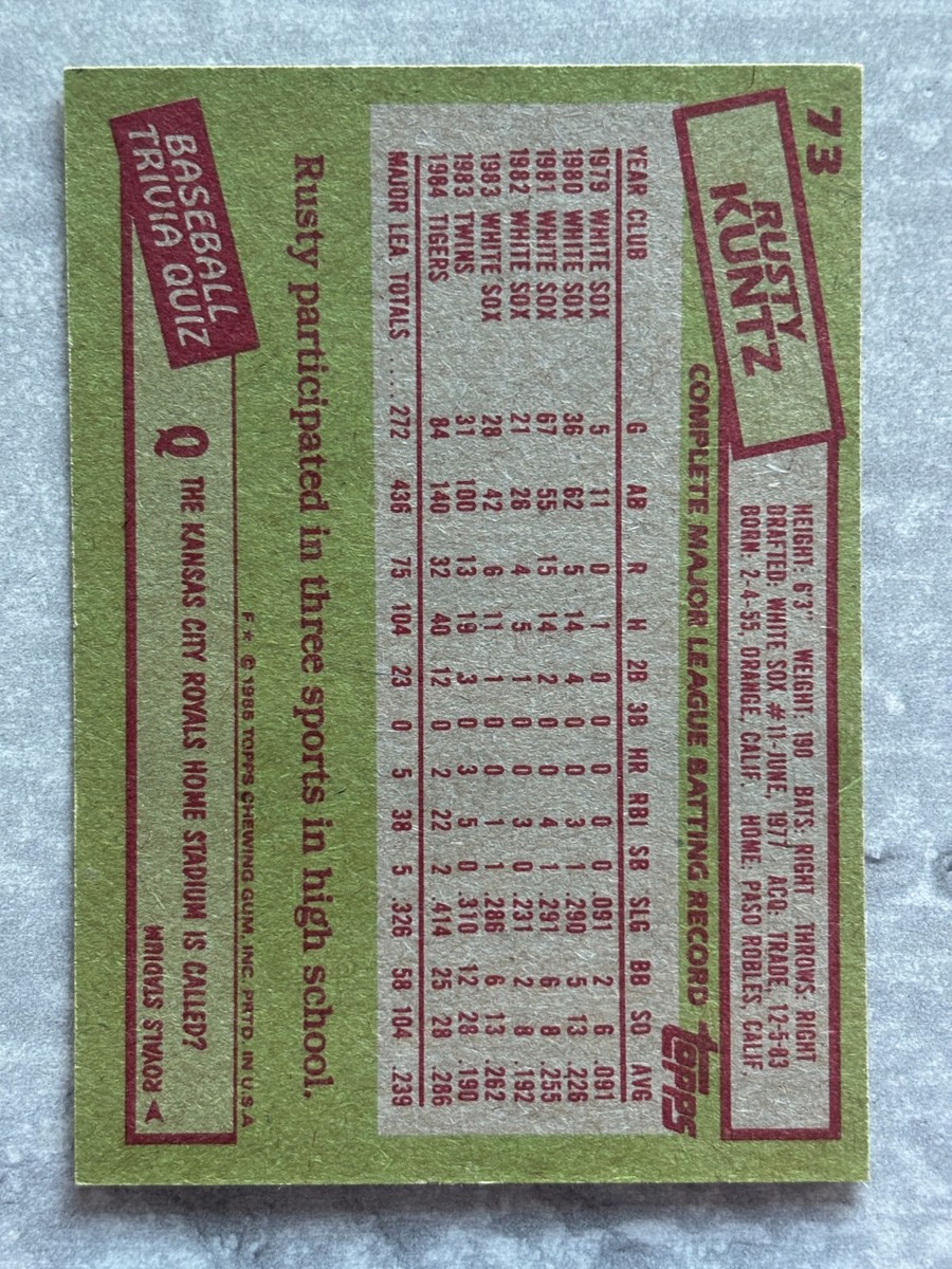 1985 Topps RUSTY KUNTZ Baseball's Dirtiest Funniest Name Real