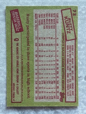 1985 Topps RUSTY KUNTZ Baseball's Dirtiest Funniest Name Real