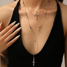 4Pcs Layered Gold Cross Necklace Set Boho Pearl Bead Long Pendant Jewelry Women