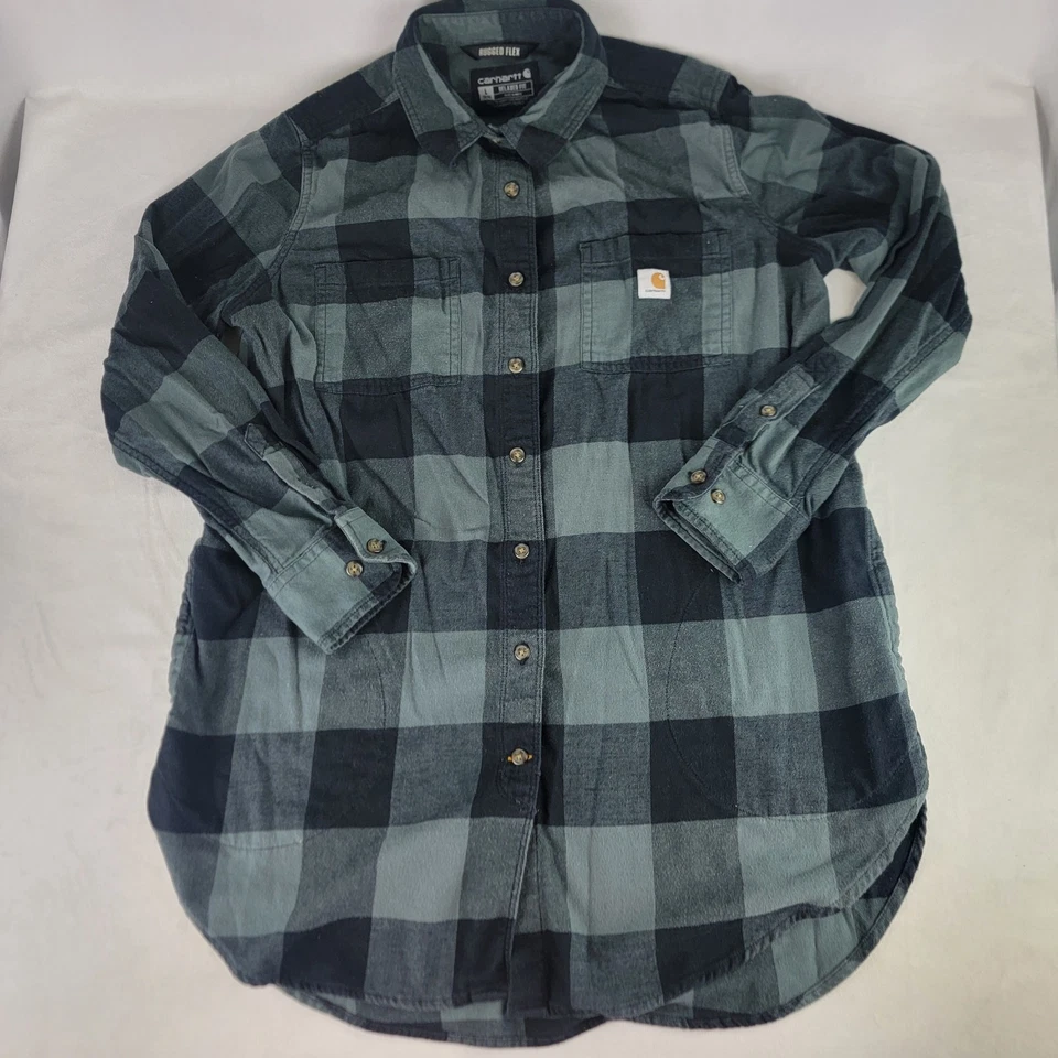 Carhartt Flannel Womens XL Gray Black Plaid Long Shirt Dress Button Up Pockets - Image 2 of 4