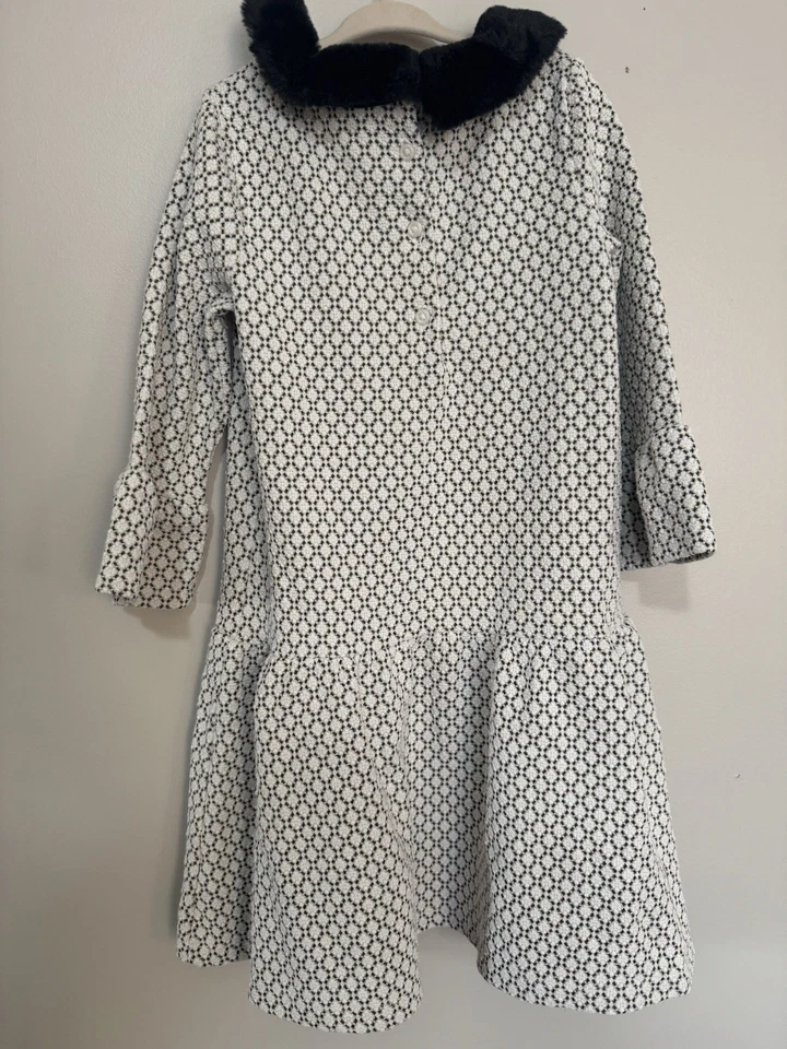 Janie and Jack Holiday Dress Size 7 Geo Faux Fur Collared Black & White Tweed - Image 2 of 4