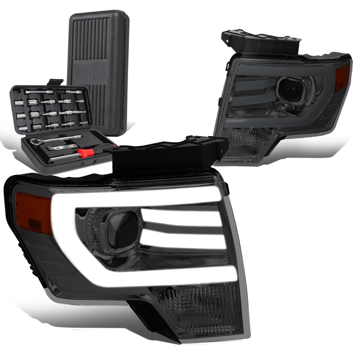 2009-2014 Ford F150 LED DRL Smoked Amber Projector Headlight with Tool Box  