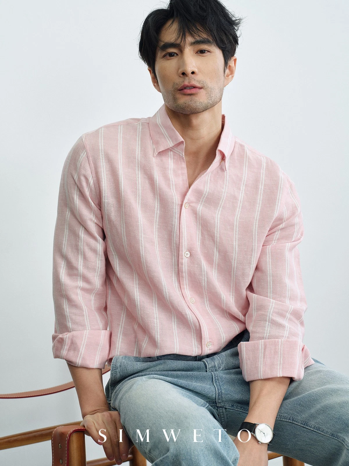 Men's Summer Casual Linen Thin Pink Cotton Linen Shirt Long Sleeve Striped Shirt