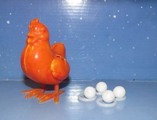 Vintage Celuloid Plastic Chicken Toy Orange Yellow Red Marble Egg Laying 4 Eggs