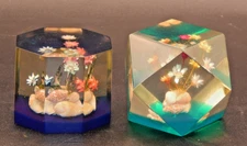 2 Vtg 70's Lucite Paperweights Geometric Faceted w/ Dried Flowers Colored Base
