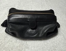 VTG Fossil Black Genuine Leather Zip Top Shave Kit Toiletry Bag Dopp Travel