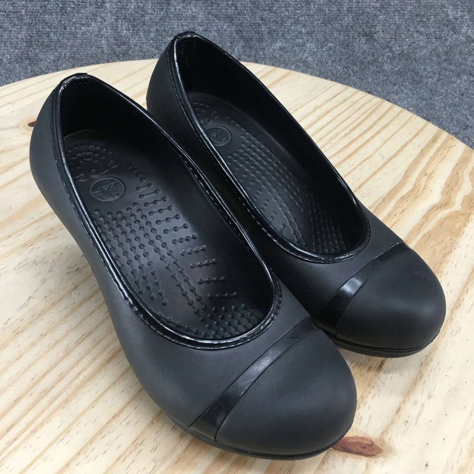 Crocs Heels Womens 8 Lena Casual Slip On Comfort Wedge Heel Pumps Black Rubber - Image 3 of 4