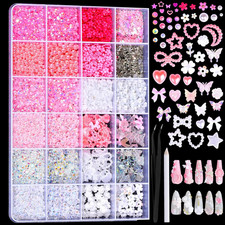 24-Grid Flat Back Pearls  Rhinestones Kit, 3D Nail Charms for DIY Crafts