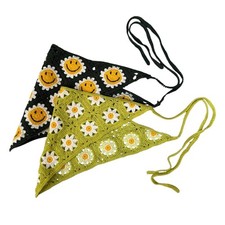Crochet Kerchief Triangle Headband Bandana Lot of 2 Green Floral Smiles Boho Sum