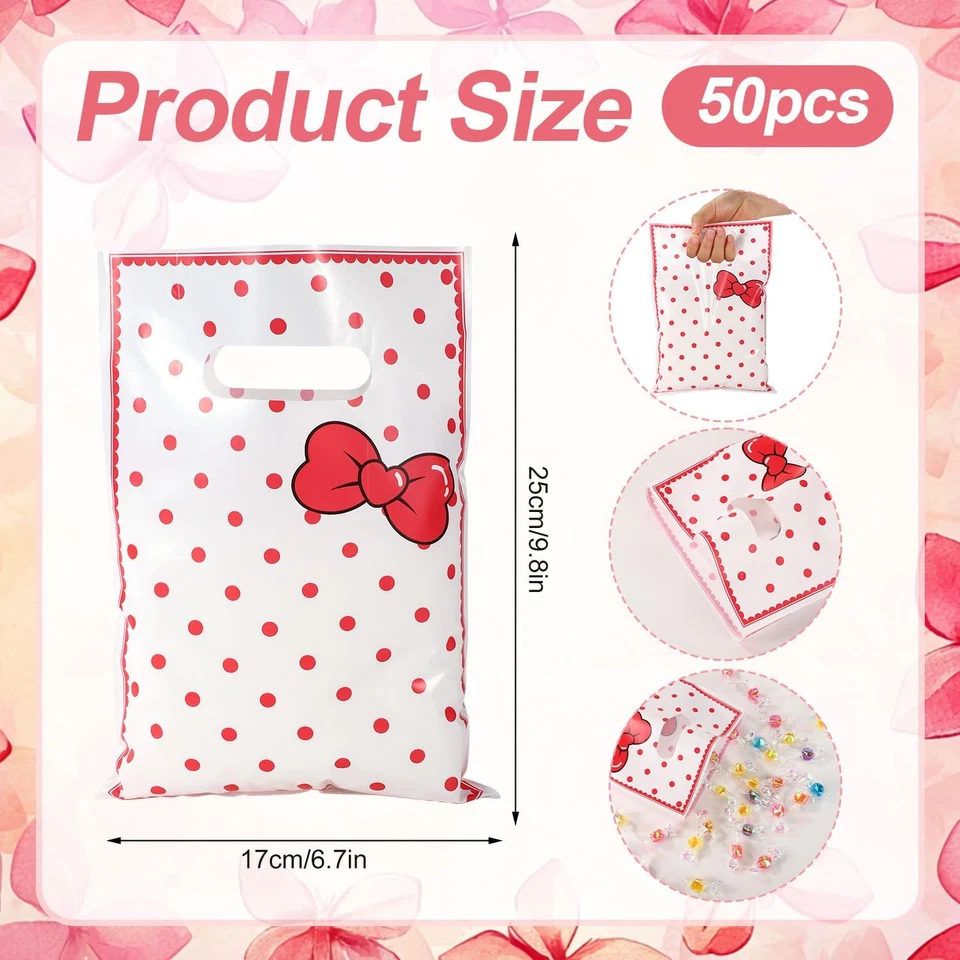 50 Piezas Lindas Bolsas para Favor de Fiesta de Dibujos Animados, Lunares Rojos Bolsas de Regalo con Asas y Lazo Foto 2 de 4
