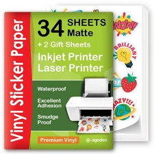 Premium Printable Vinyl Sticker Paper for Inkjet Printer - 34 Sheets Self-Adh...
