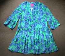 LILY PULITZER blue green floral V-Neck tiered short dress Women’s 2