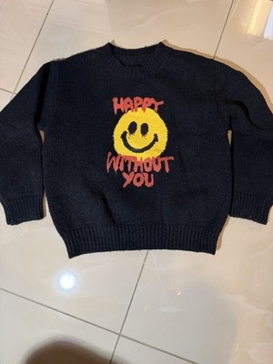 Happy Without You Smiley Face Chunky Knit Sweater Oversized Black Graphic Sz M